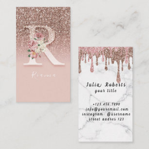 Elegant Pink Floral Monogram Initial Gold Letter R Business Card