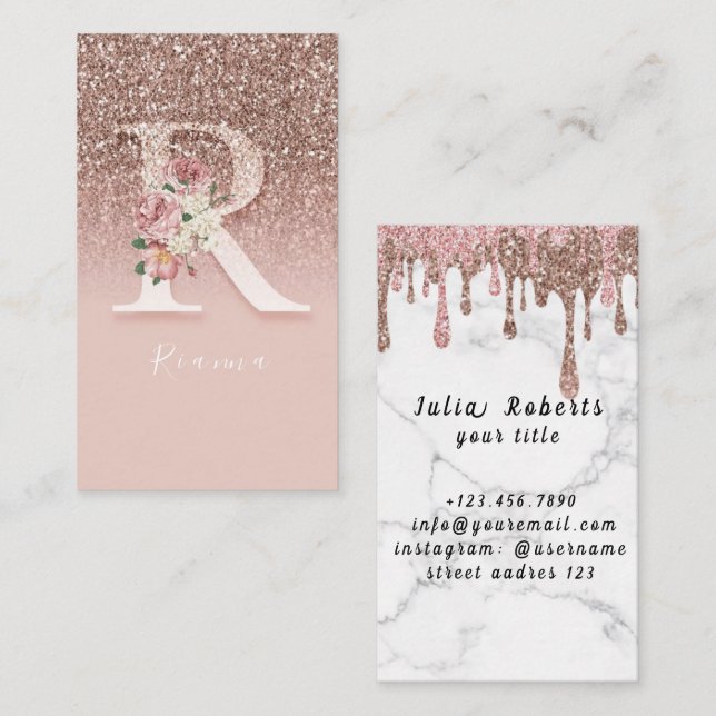 Elegant Pink Floral Monogram Initial Gold Letter R Business Card (Front/Back)