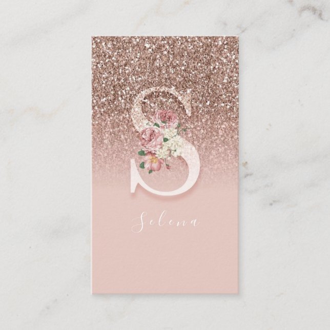 Elegant Pink Floral Monogram Initial Gold Letter S Business Card (Front)