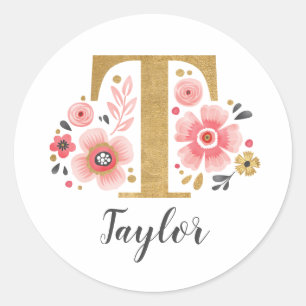 Elegant Pink Floral Monogram Initial Gold Letter T Classic Round Sticker
