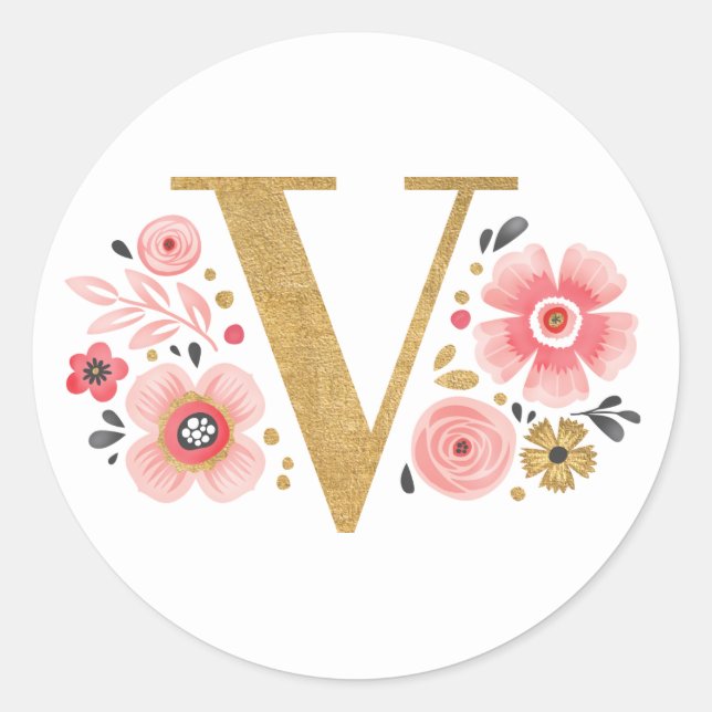 Elegant Pink Floral Monogram Initial Gold Letter V Classic Round Sticker (Front)
