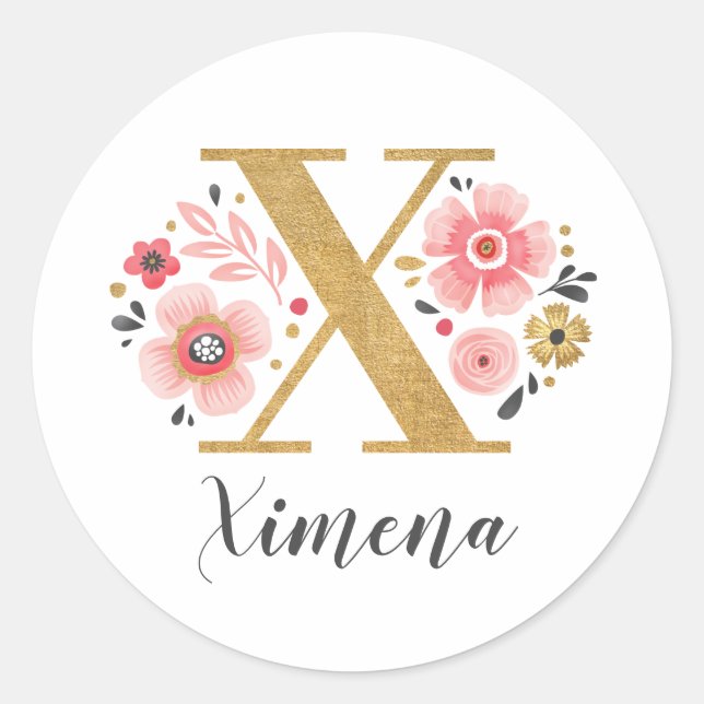 Elegant Pink Floral Monogram Initial Gold Letter X Classic Round Sticker (Front)