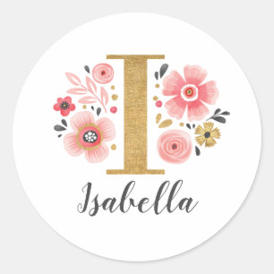 Elegant Pink Floral Monogram Initial Letter I Classic Round Sticker