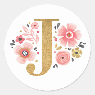 Elegant Pink Floral Monogram Initial Letter J Classic Round Sticker