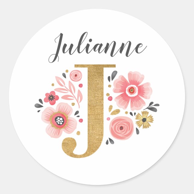 Elegant Pink Floral Monogram Initial Letter J Classic Round Sticker (Front)