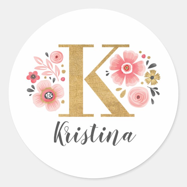 Elegant Pink Floral Monogram Initial Letter K Classic Round Sticker (Front)
