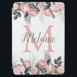 Elegant Pink Floral Monogram iPad Air Cover<br><div class="desc">Pretty pink floral monogram ipad cover,  featuring a classic white background,  an assortment of pink flowers,  grey folaige with a monogram template which is easily personalised. All font styles,  sizes and colours can be changed by clicking on the customise further link after personalising.</div>