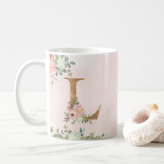 Elegant Pink Floral Monogram L Coffee Mug (With Donut)