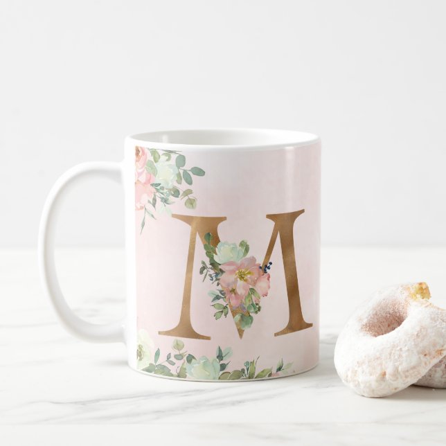 Elegant Pink Floral Monogram M Coffee Mug (With Donut)