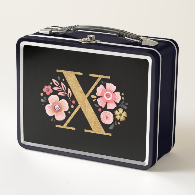 Elegant Pink Floral Monogram Metal Lunch Box (Front)