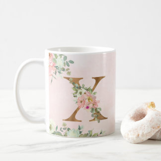 Elegant Pink Floral Monogram X Coffee Mug