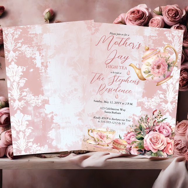 Elegant Pink Floral Mother's Day High Tea  Invitation (Elegant Pink Floral Teapot and Tea Cup Mother's Day High Tea Invitation)