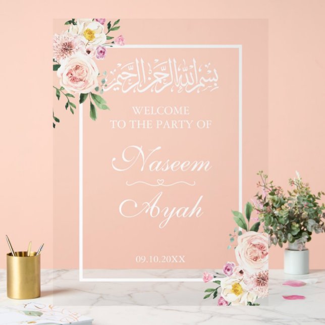 Elegant Pink Floral Muslim Islamic Arabic Party Acrylic Sign (Creator Uploaded)