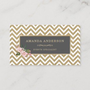 Elegant Pink Floral on Gold Chevron Business Card