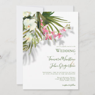 Elegant Pink Floral Palms Shadows Beach Wedding Invitation