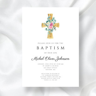 Elegant Pink Floral Peonies Cross Baptism Invitation