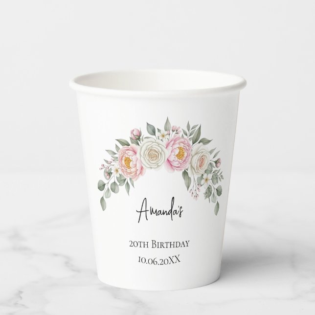Elegant Pink Floral Personalised Disposable Cup (Back)