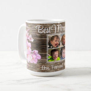 Elegant pink floral personalised four photos coffee mug