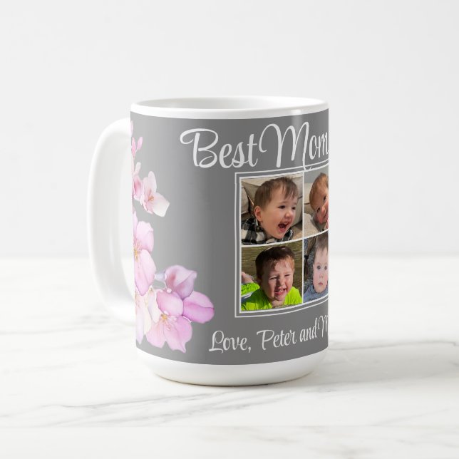 Elegant pink floral personalised four photos coffee mug (Front Left)