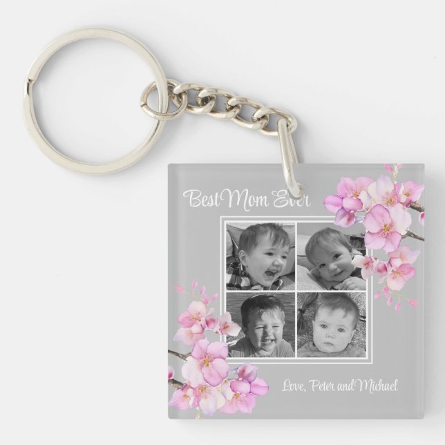 Elegant pink floral personalised four photos key ring (Front)