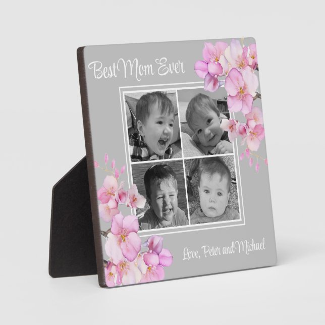 Elegant pink floral personalised four photos plaque (Front)