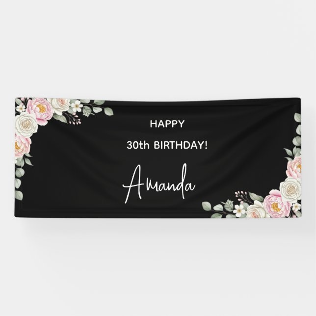 Elegant Pink Floral Personalized Birthday Banner (Horizontal)