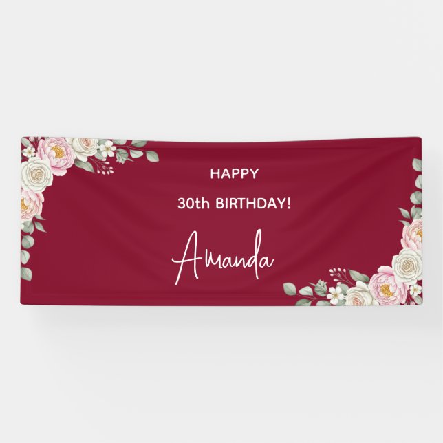 Elegant Pink Floral Personalized Birthday Banner (Horizontal)