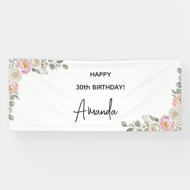 Elegant Pink Floral Personalized Birthday Banner (Horizontal)