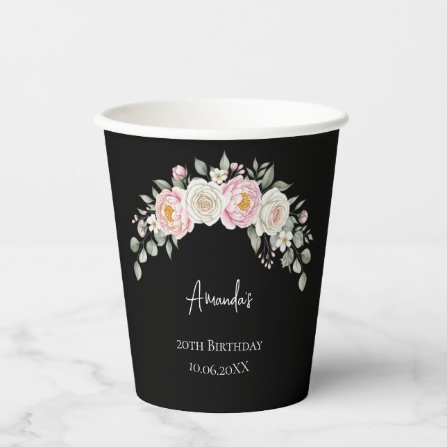 Elegant Pink Floral Personalized Disposable Cup (Front)
