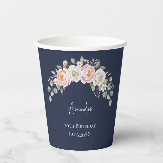 Elegant Pink Floral Personalized Disposable Cup (Front)