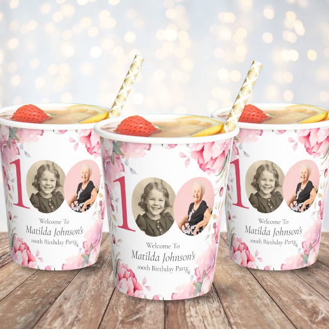 Elegant Pink Floral Photo 100th Birthday Party Paper Cups (Mockup View)