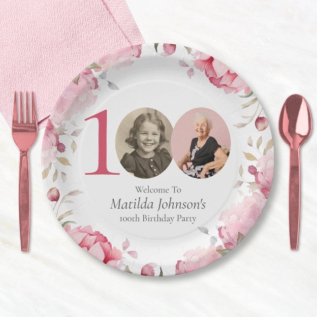 Elegant Pink Floral Photo 100th Birthday Party Paper Plate (Mockup View)