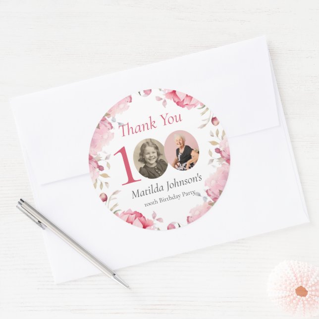 Elegant Pink Floral Photo 100th Birthday Thank You Classic Round Sticker (Envelope)