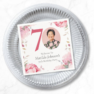Elegant Pink Floral Photo 70th Birthday Party Napkin