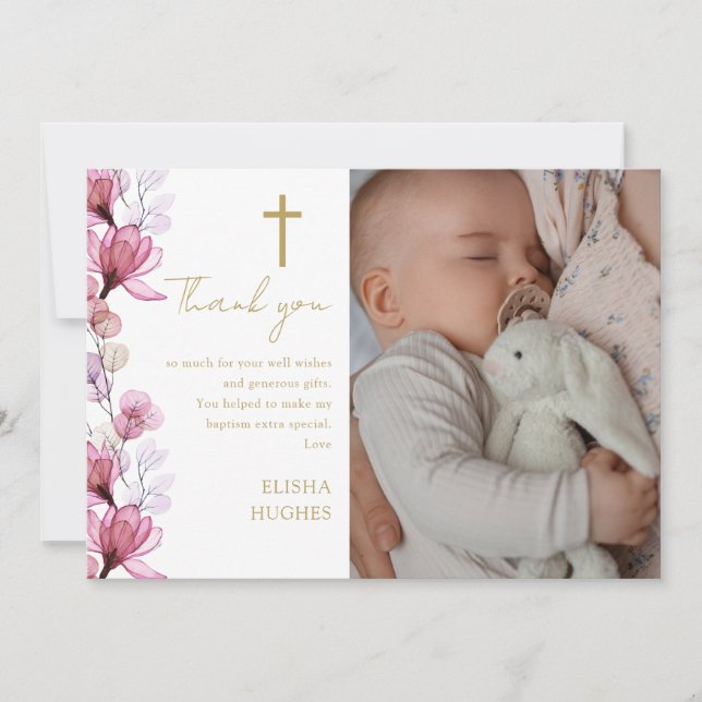 Elegant Pink Floral Photo Baptism Christening Thank You Card (Front)