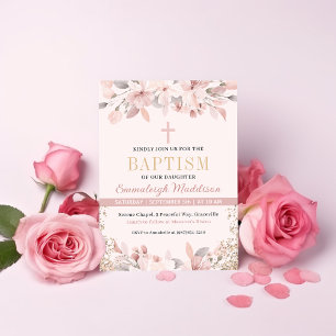 Elegant Pink Floral Photo Baptism Invitation