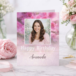 Elegant Pink Floral Photo Birthday for Her  Card