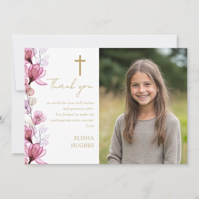 Elegant Pink Floral Photo Confirmation Thank You Card (Front)