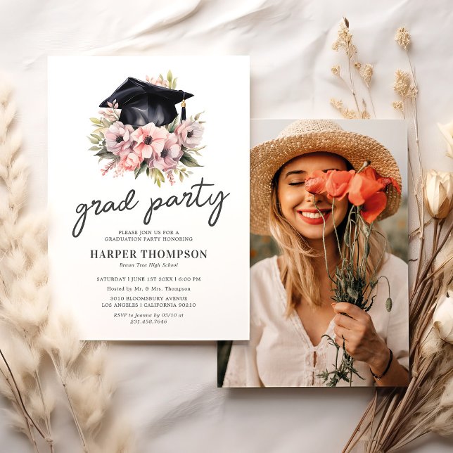 Elegant Pink Floral Photo Graduation Party Invitation (Creator Uploaded)