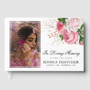 Elegant Pink Floral Photo Memorial Keepsake Guest Book