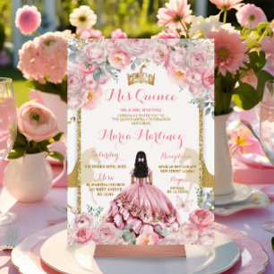 Elegant Pink Floral Princess Butterfly Quinceañera Invitation