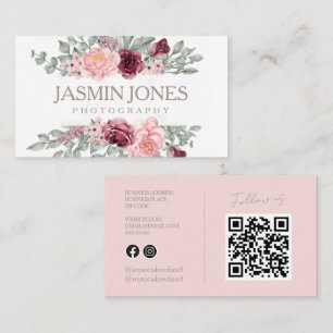 Elegant Pink Floral QR Code Photography Business Card
