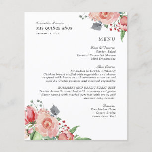 Elegant Pink Floral Quinceanera Food Drinks Menu