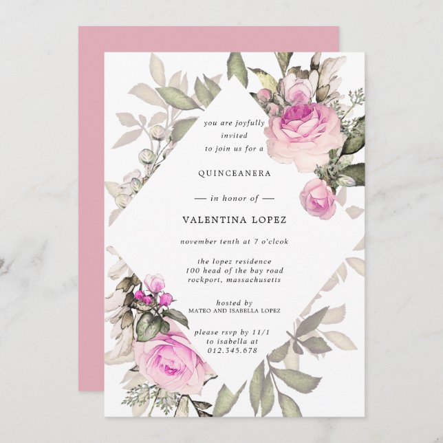 Elegant Pink Floral Quinceanera Invitation (Front/Back)