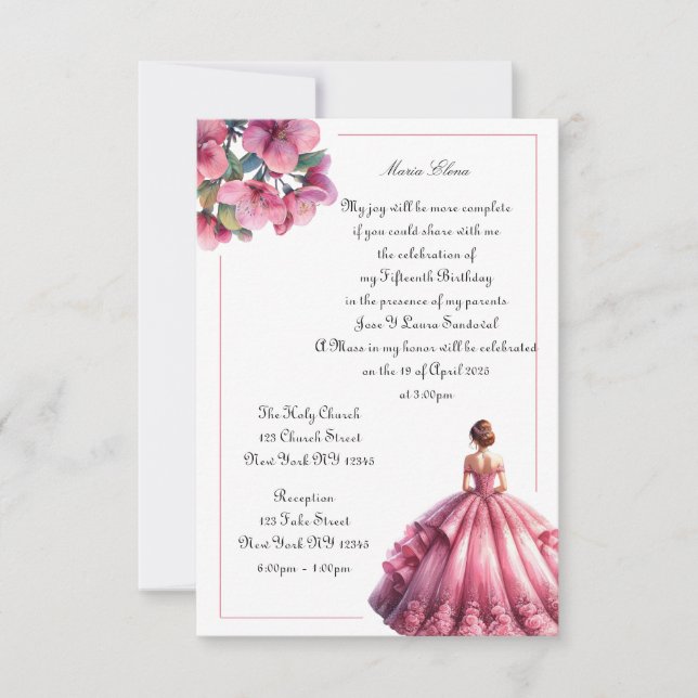 Elegant Pink Floral Quinceañera Invitation  (Front)