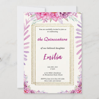 Elegant Pink Floral Quinceañera Invitation Card