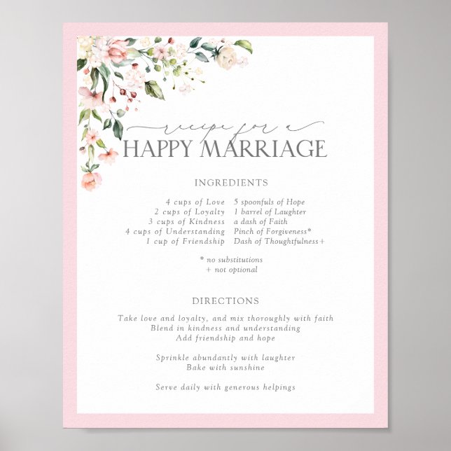 Elegant Pink Floral Recipe for a Happy Marriage Poster (Front)