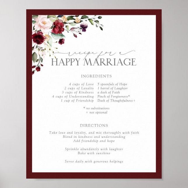 Elegant Pink Floral Recipe for a Happy Marriage Poster (Front)