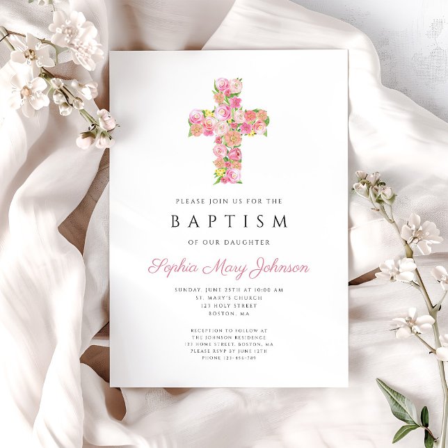 Elegant Pink Floral Religious Cross Baptism Invitation (Elegant Pink Floral Religious Cross Baptism Invitation)