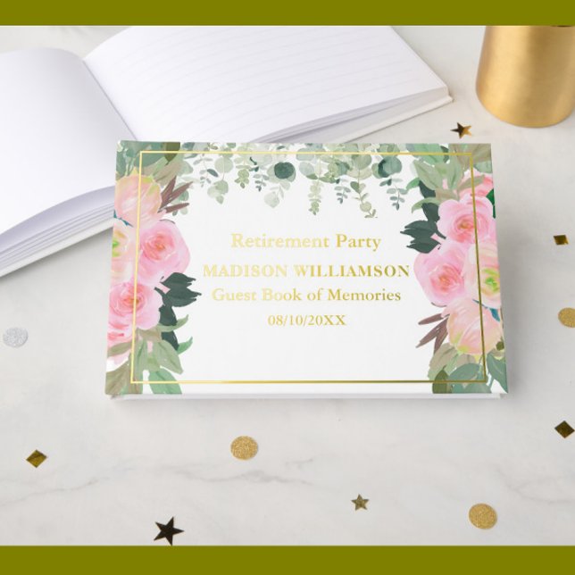 Elegant Pink Floral Retirement Party Gold Foil  Guest Book (Creator Uploaded)